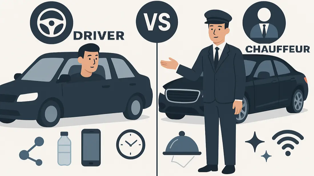 Side-by-side view of a luxury chauffeur-driven car and a standard city taxi parked on a city street