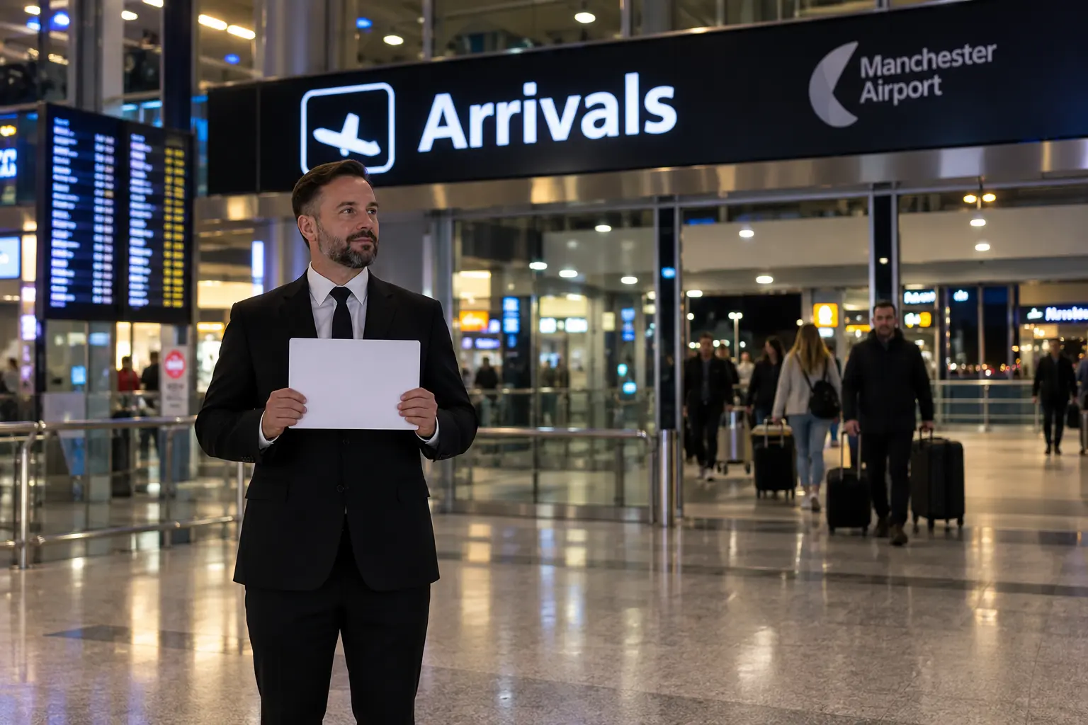 Chauffeur holding a name sign in the arrivals hall at Manchester Airport late at night