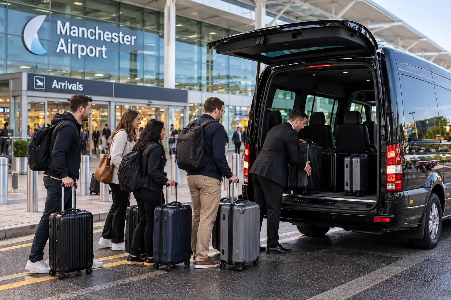Group of travellers loading luggage into a minibus outside a Manchester Airport terminal