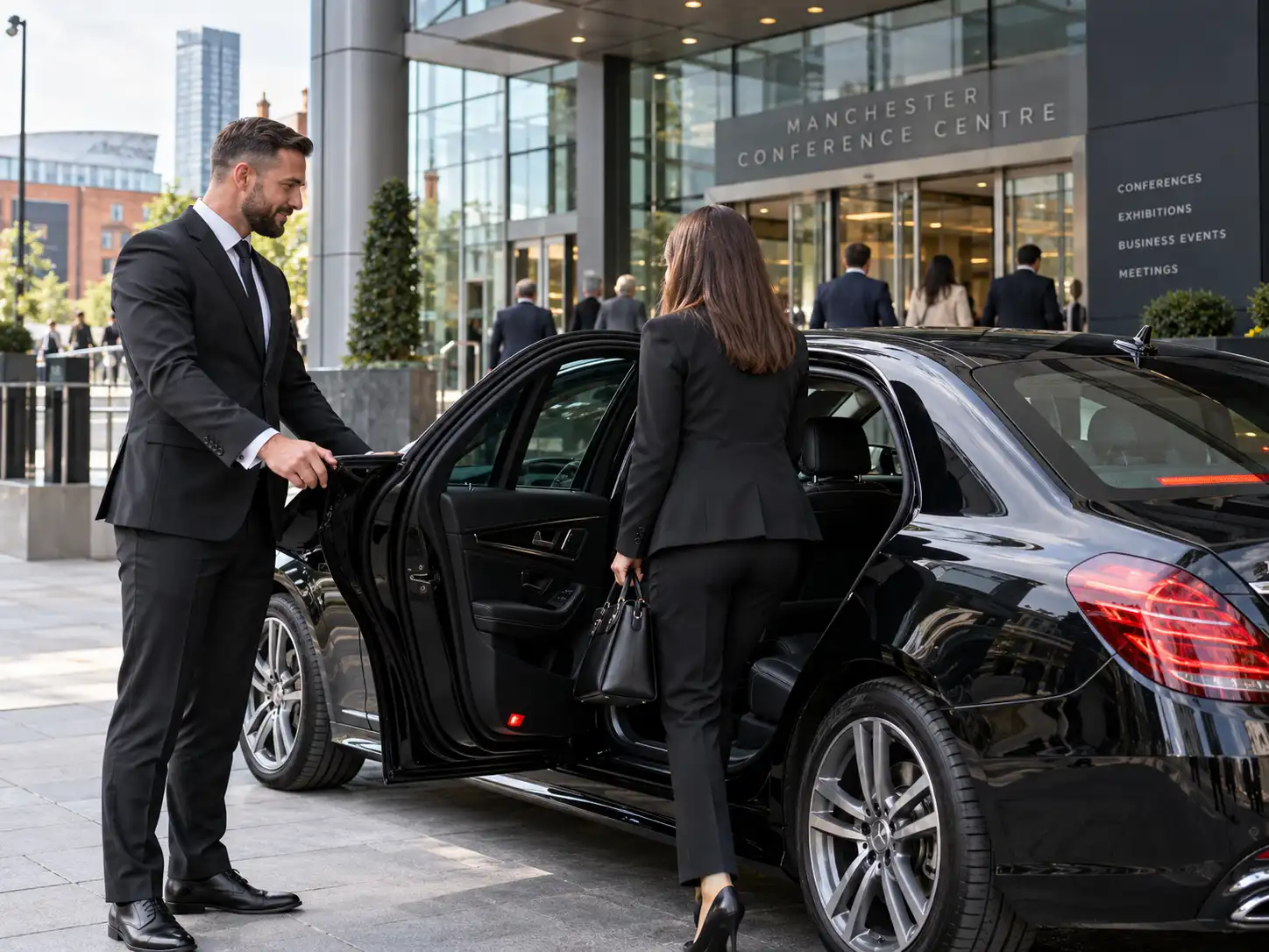 Chauffeur opening the door of an executive car outside a Manchester conference venue