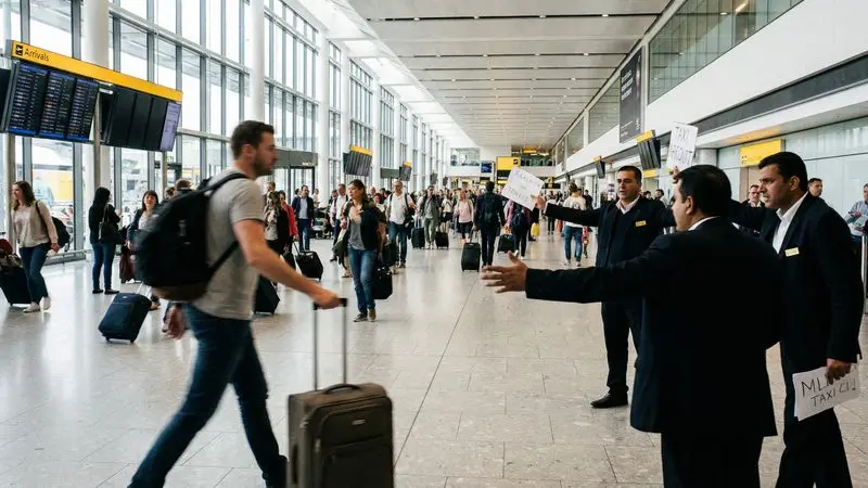Professional chauffeur helping travellers with luggage outside a busy airport terminal during the Christmas holiday season