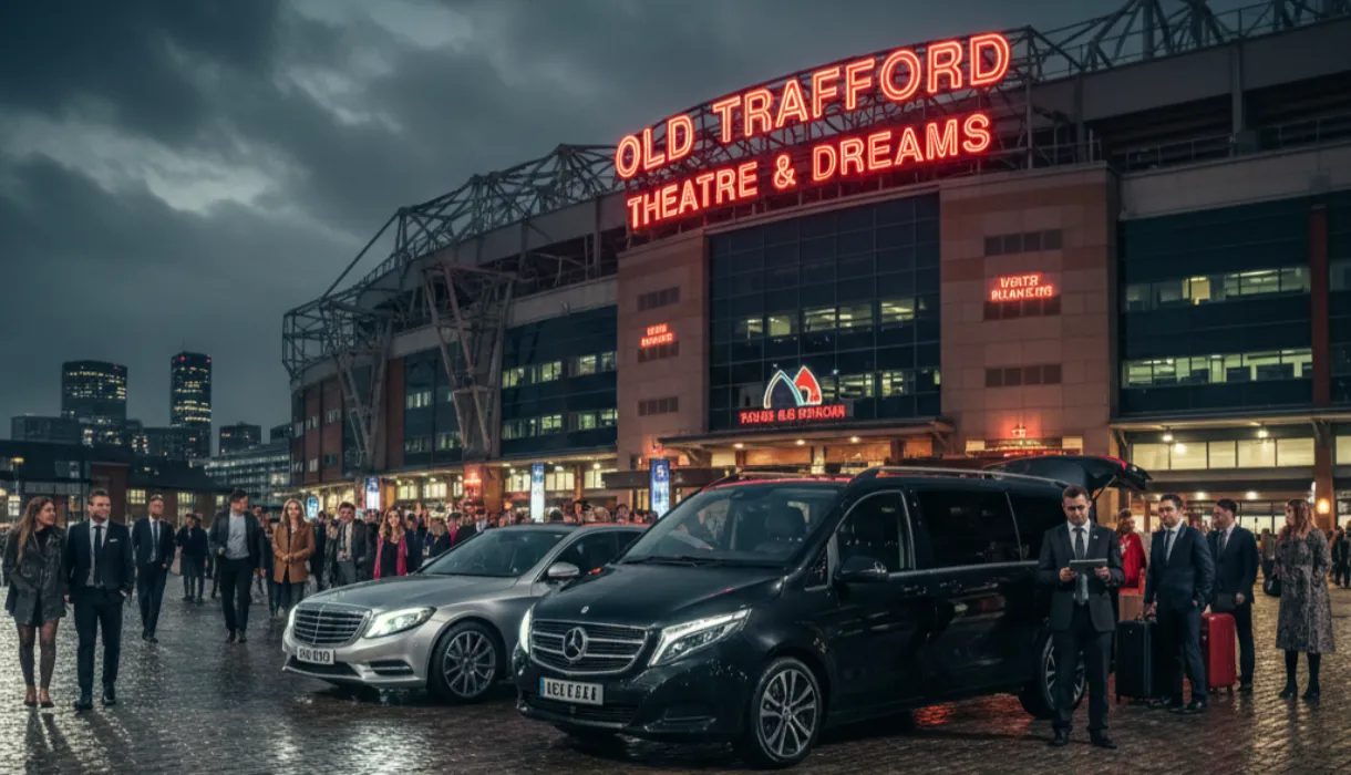 Chauffeur-driven luxury car arriving near Old Trafford stadium on match day with fans in the background