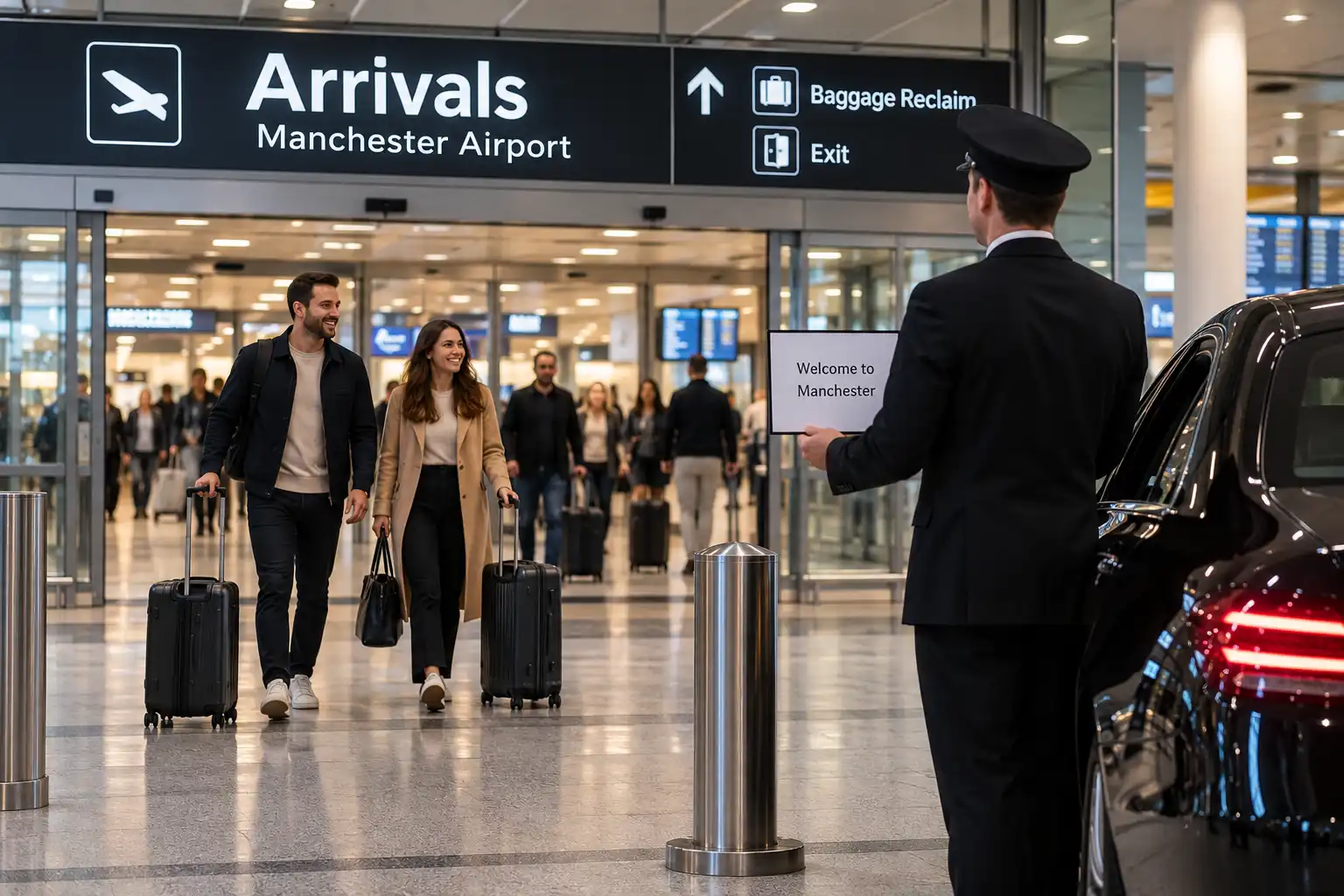 Arrivals hall at Manchester Airport with a chauffeur waiting to pick up passengers