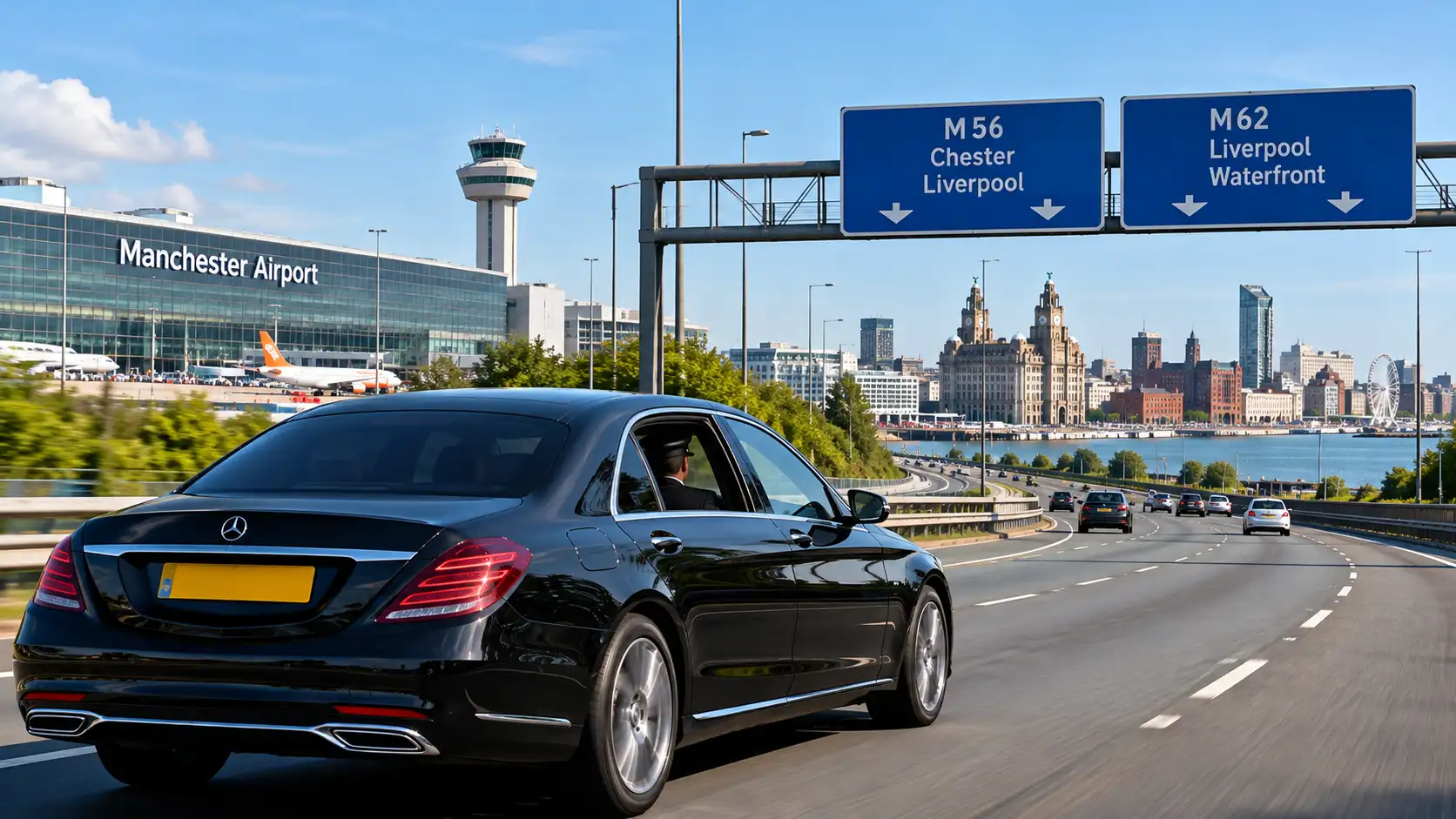 Chauffeur-driven car travelling from Manchester Airport towards Liverpool waterfront on a clear day