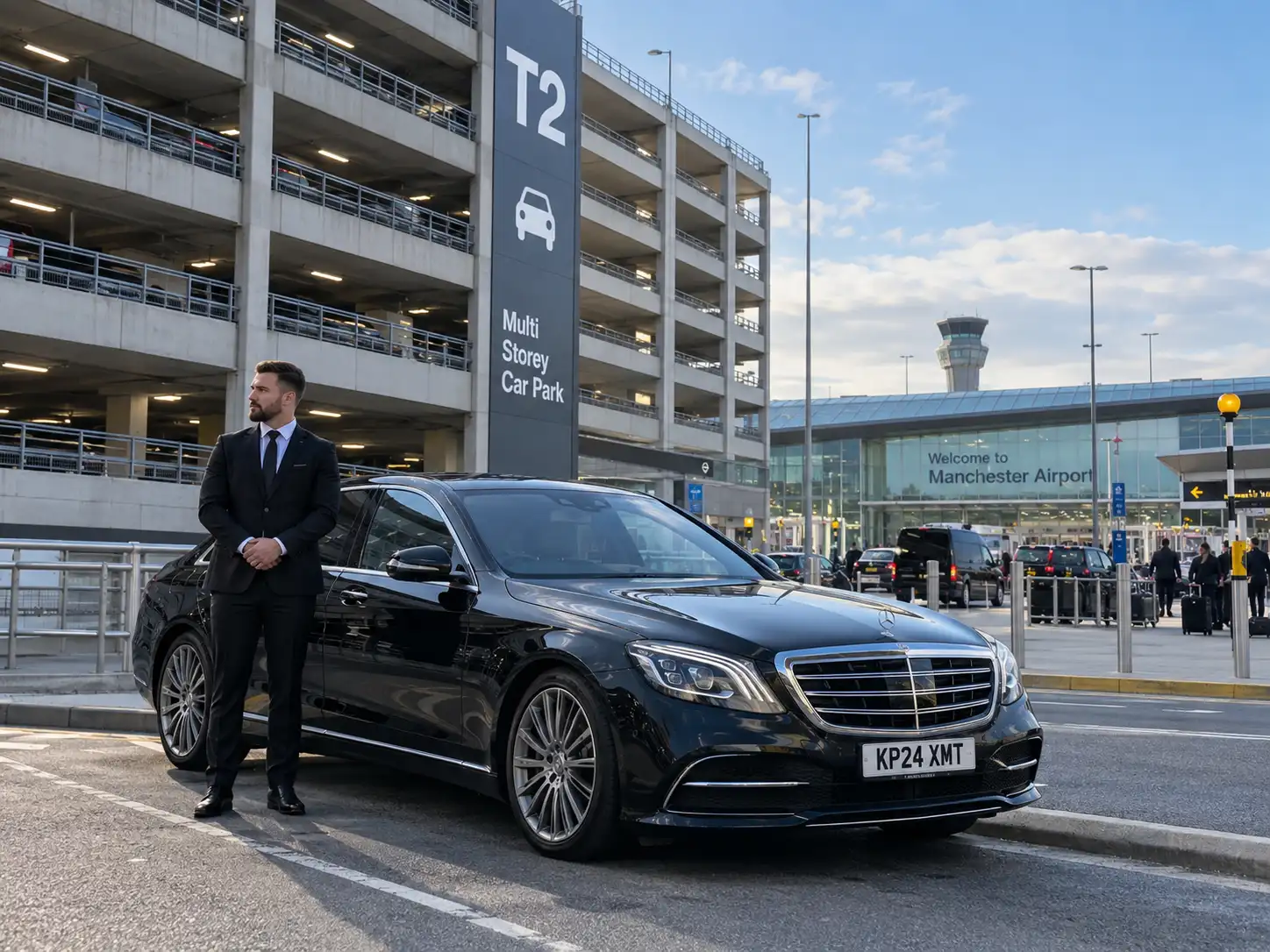 Chauffeur car beside a multi-storey car park at Manchester Airport